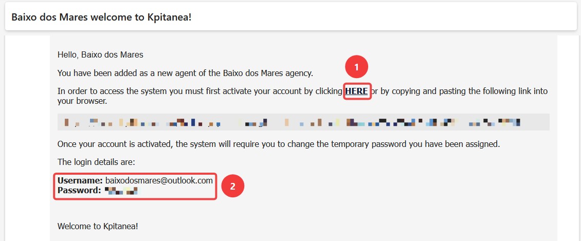 Screenshot of the confirmation email for agencies in Kpitanea