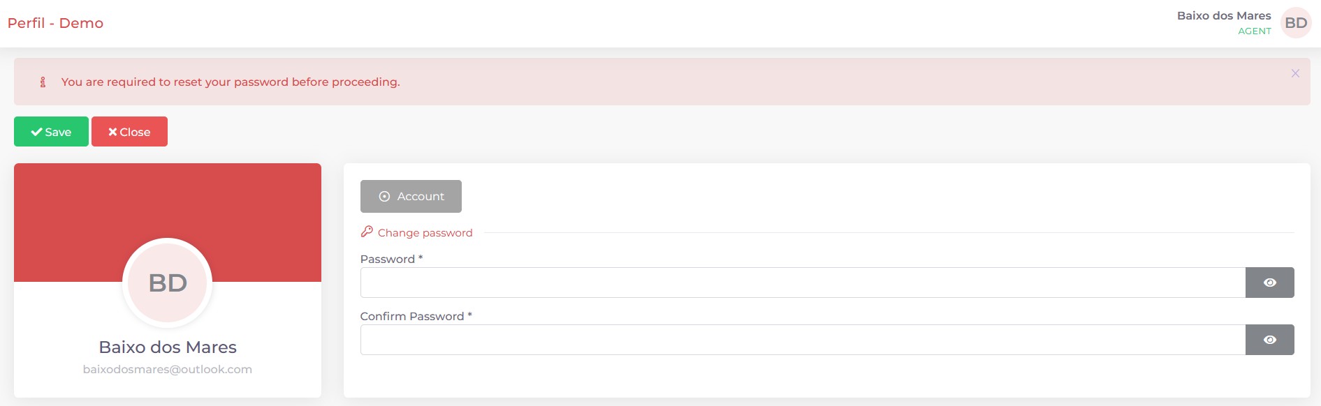 Screenshot of the password reset screen in Kpitanea