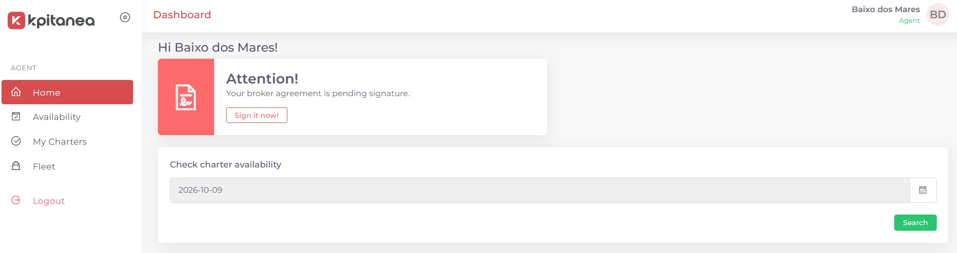 Screenshot of the broker agreement alert in Kpitanea