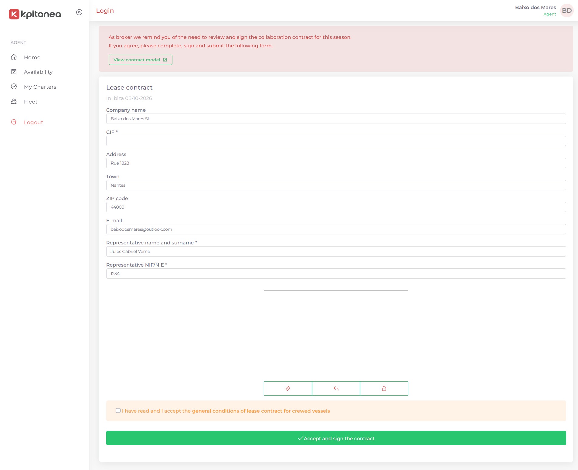 Screenshot of the broker agreement screen in Kpitanea