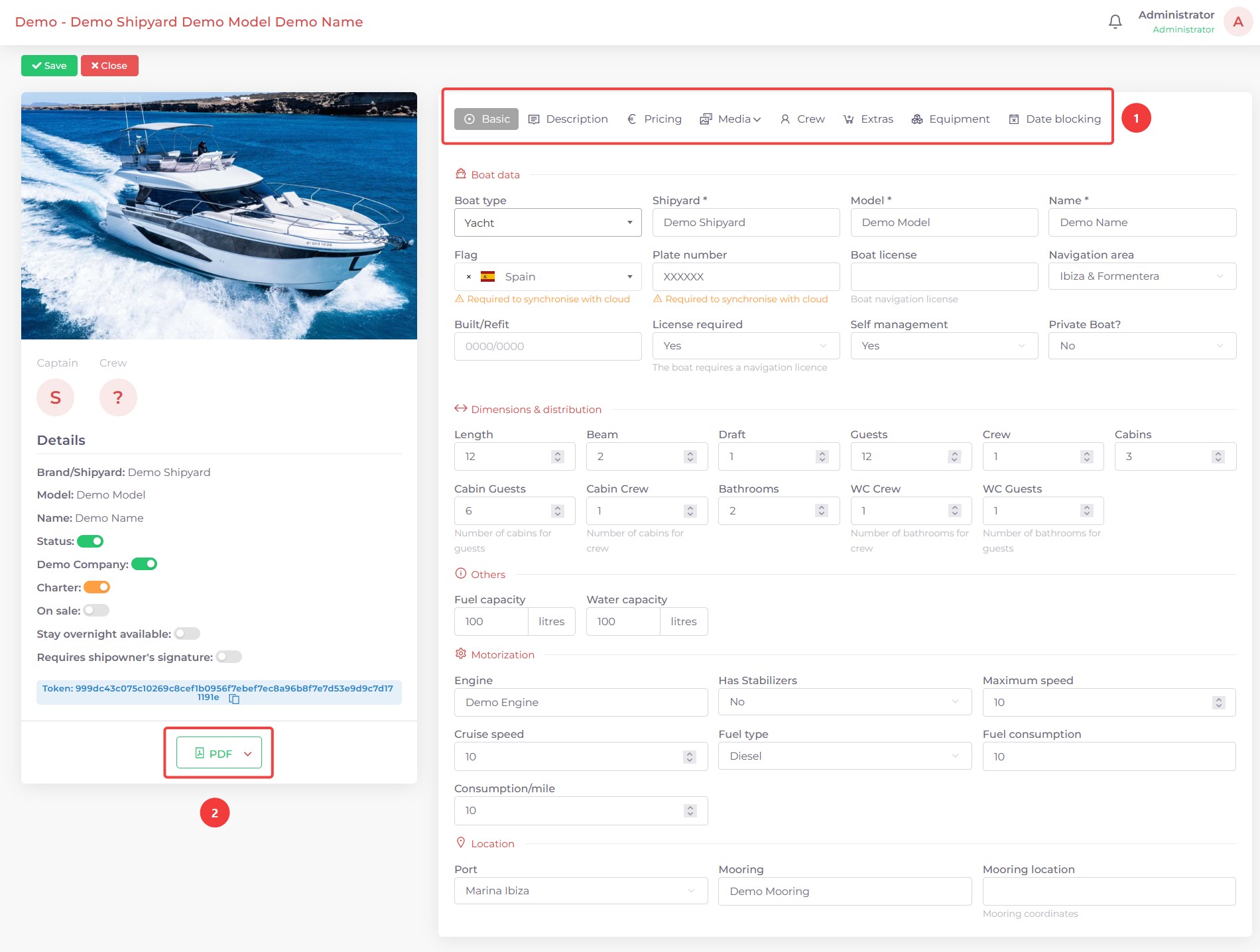 Screenshot of the boat editing page in Kpitanea