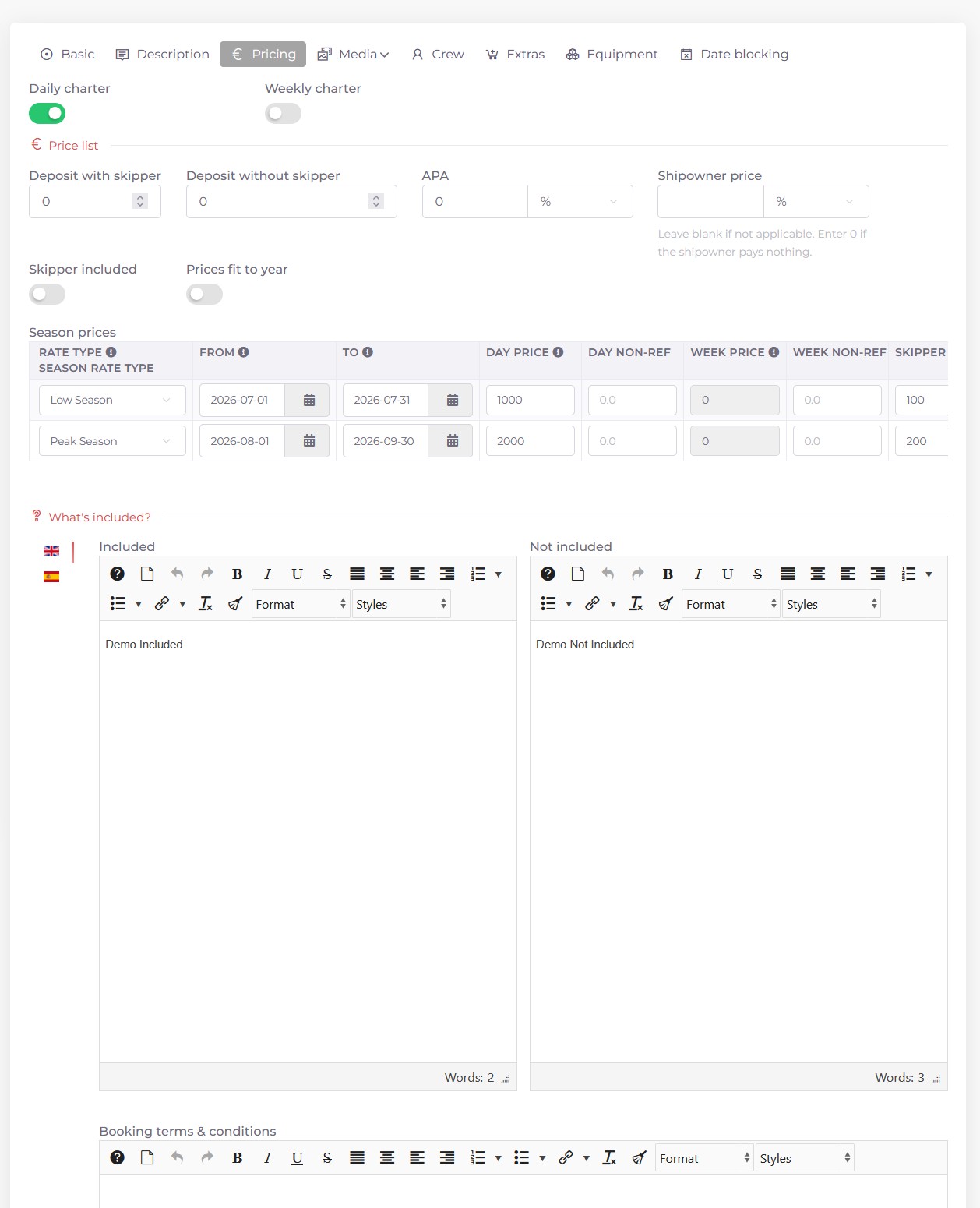 Screenshot of the pricing tab when editing a boat in Kpitanea