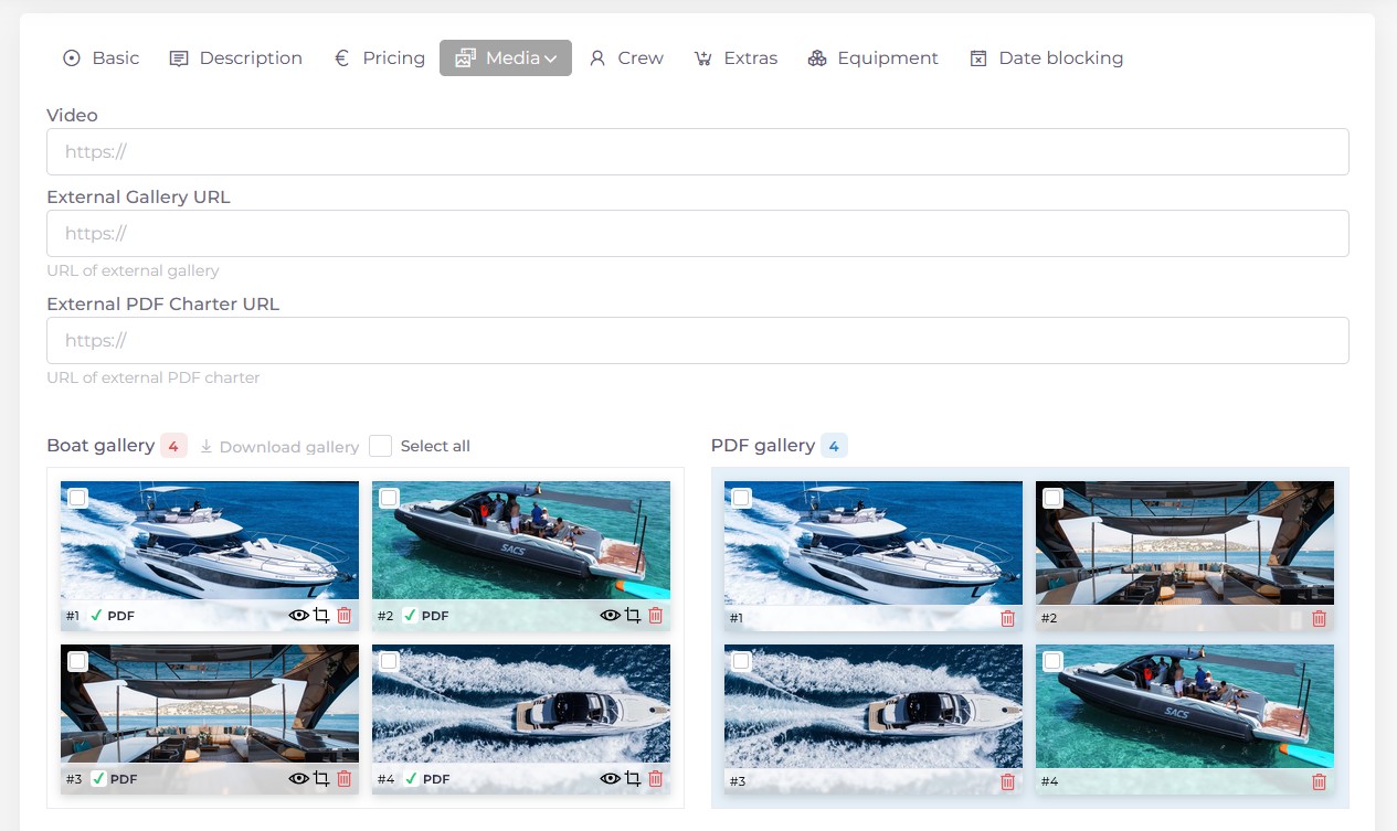 Screenshot of the media tab when editing a boat in Kpitanea