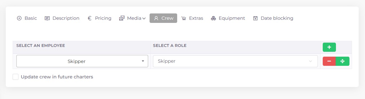 Screenshot of the crew tab when editing a boat in Kpitanea