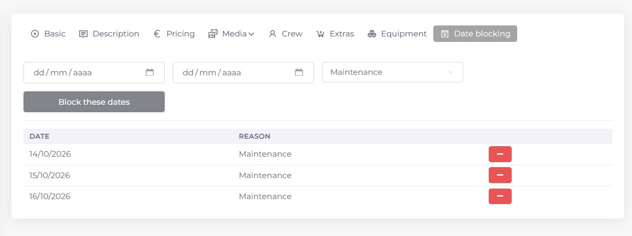 Screenshot of the date blocking tab when editing a boat in Kpitanea