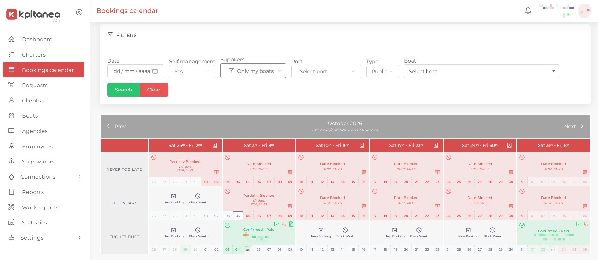 Screenshot of the weekly view of the calendar in Kpitanea