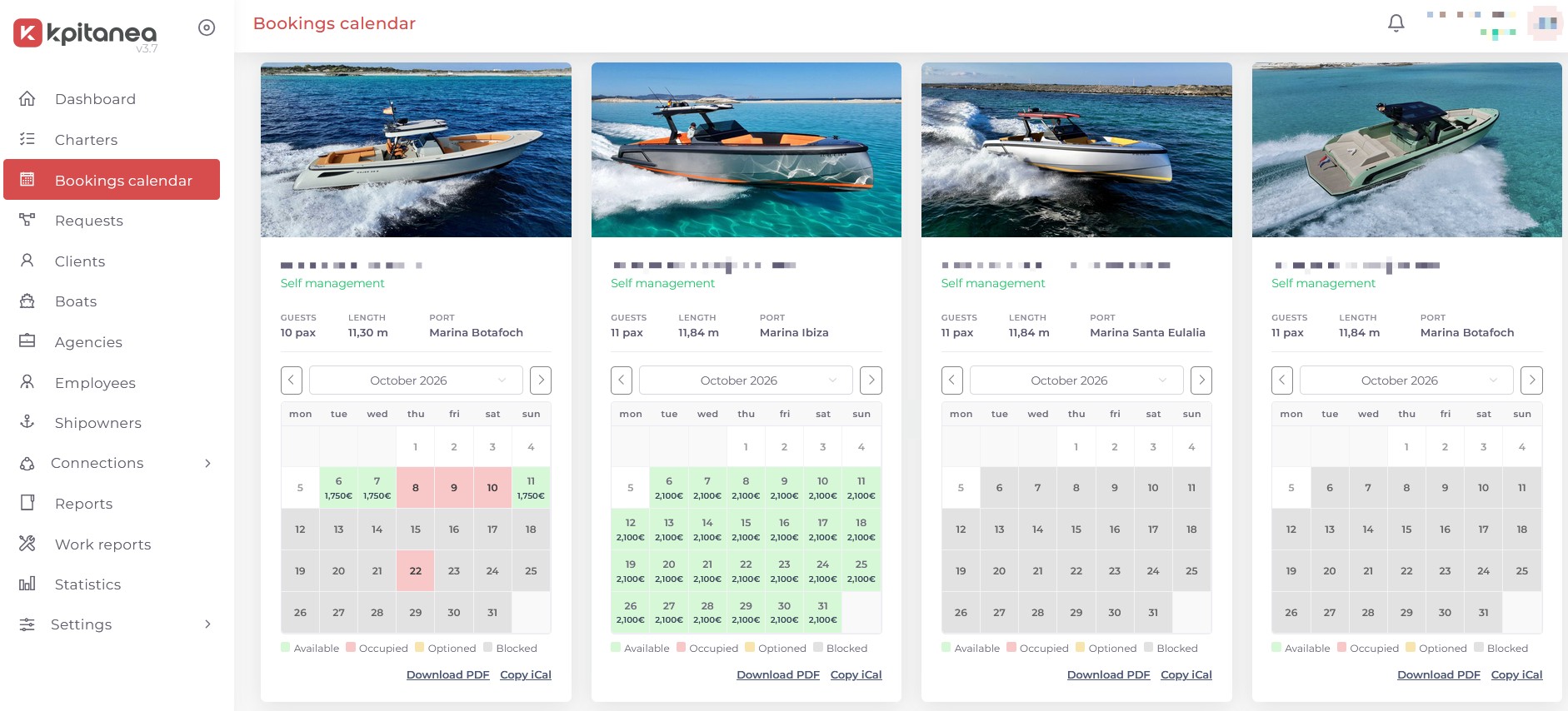 Screenshot of the fleet view of the calendar in Kpitanea