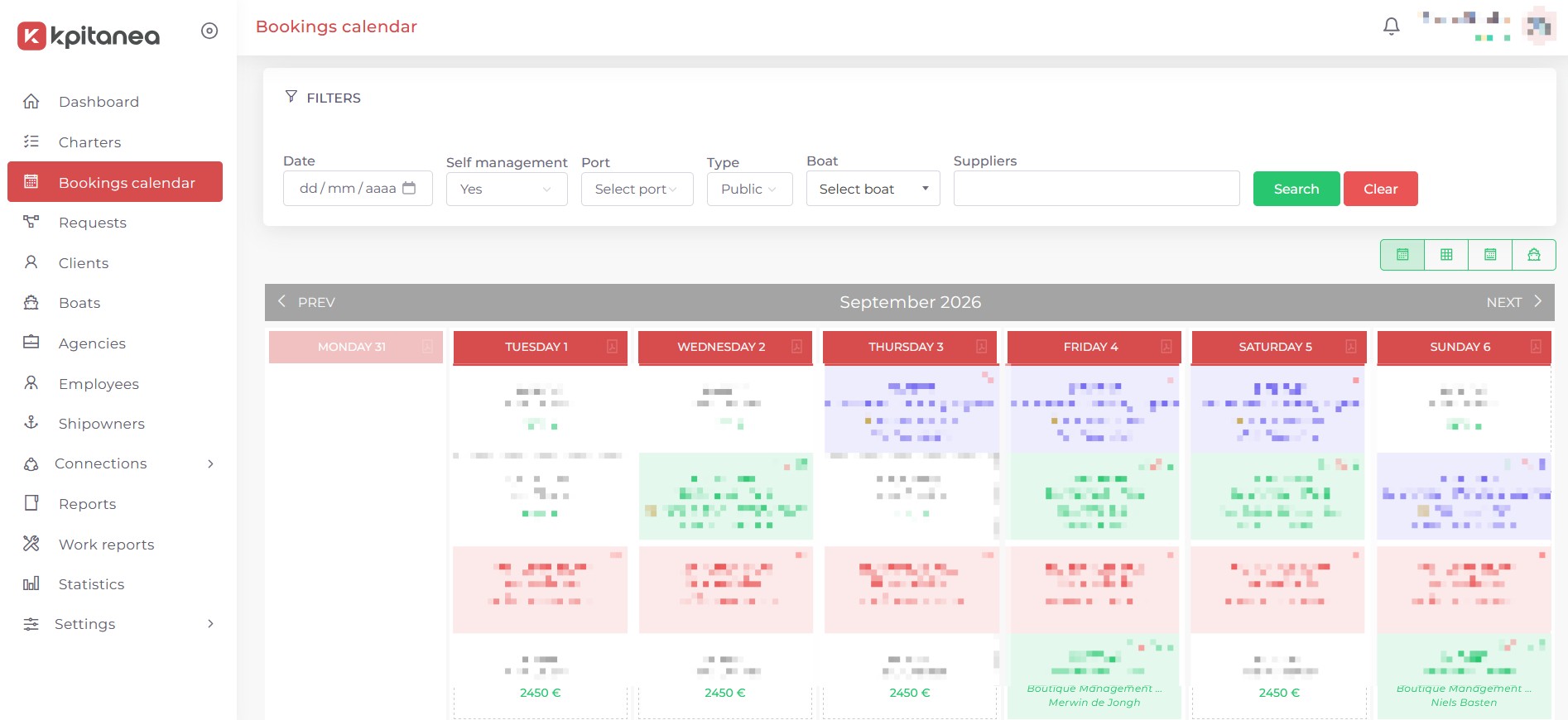 The Kpitanea bookings calendar page