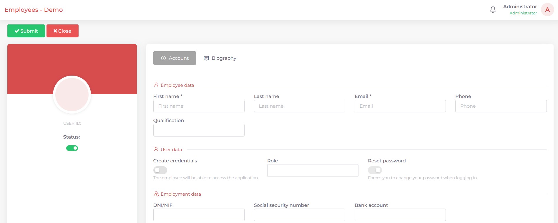 The Kpitanea employees creation page